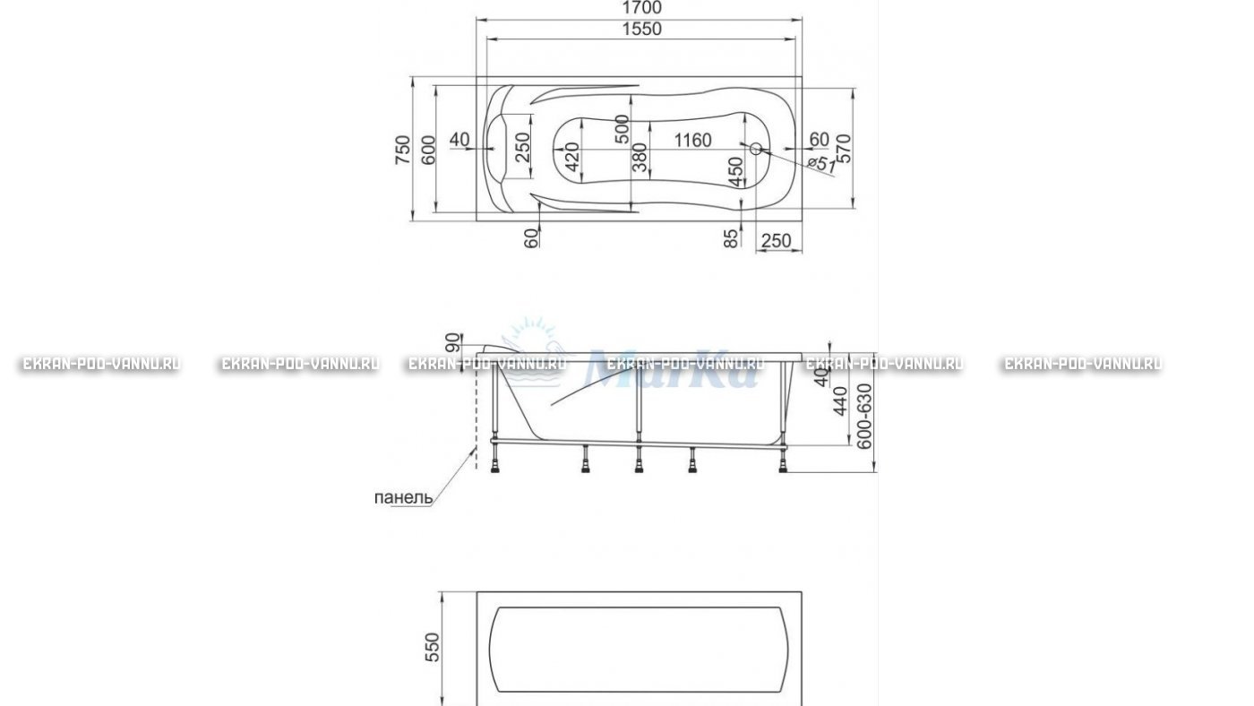 Акриловая ванна 1MarKa Calypso 170x75 – купить по цене 13950 руб. в интернет-магазине в городе Кемерово картинка 22